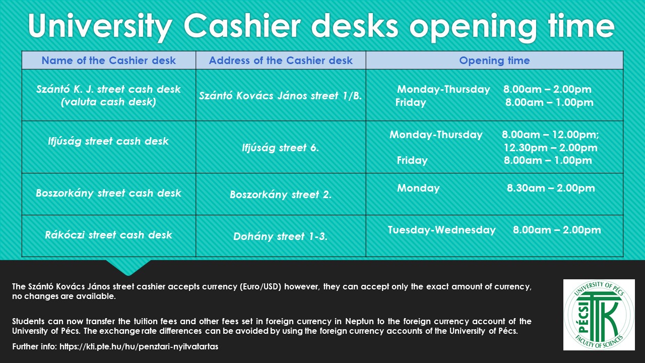 University Cashier desks opening time