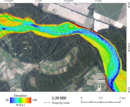 Bathymetric map of 1 x 1 meter resolution of a reach of the Drava River along the village of Heresznye in SW Hungary